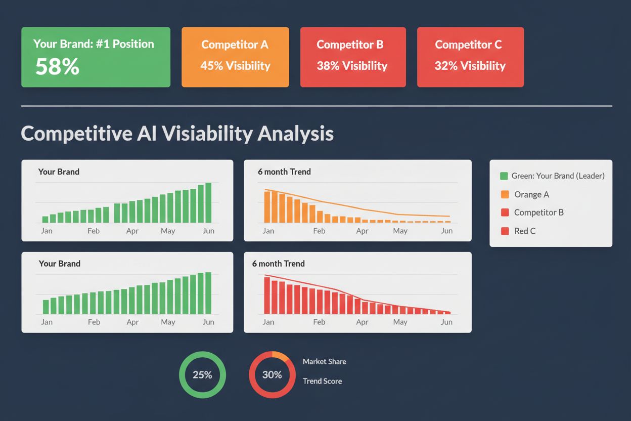 Competitive Analysis Dashboard showing brand comparison with visibility scores and trend analysis
