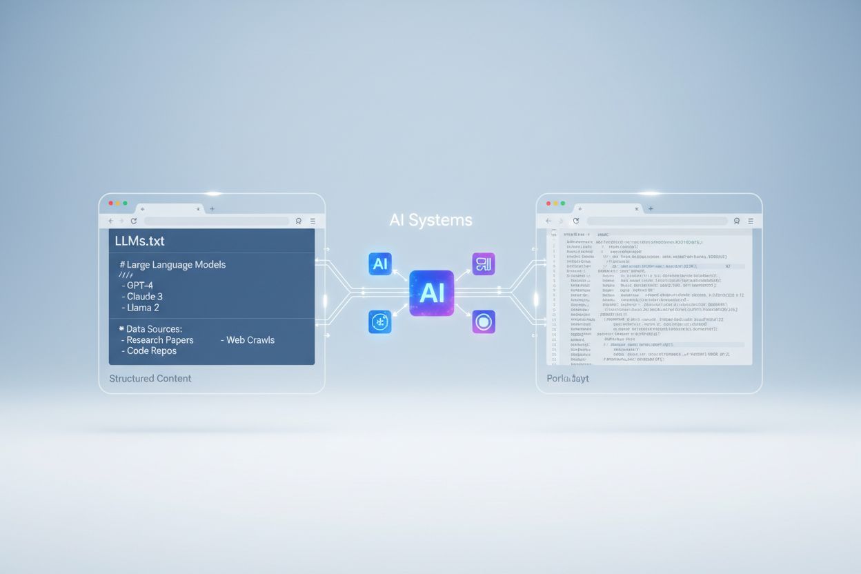 LLMs.txt file structure visualization showing AI systems processing structured content