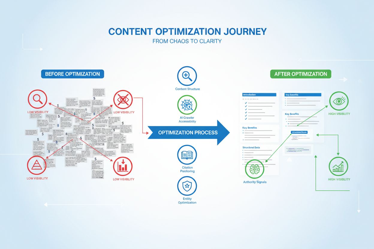 Content optimization workflow showing before and after transformation with improvement indicators