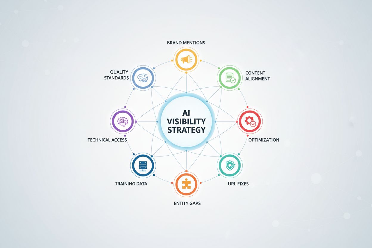 Circular infographic showing 8 interconnected tactics for AI visibility strategy with icons and labels