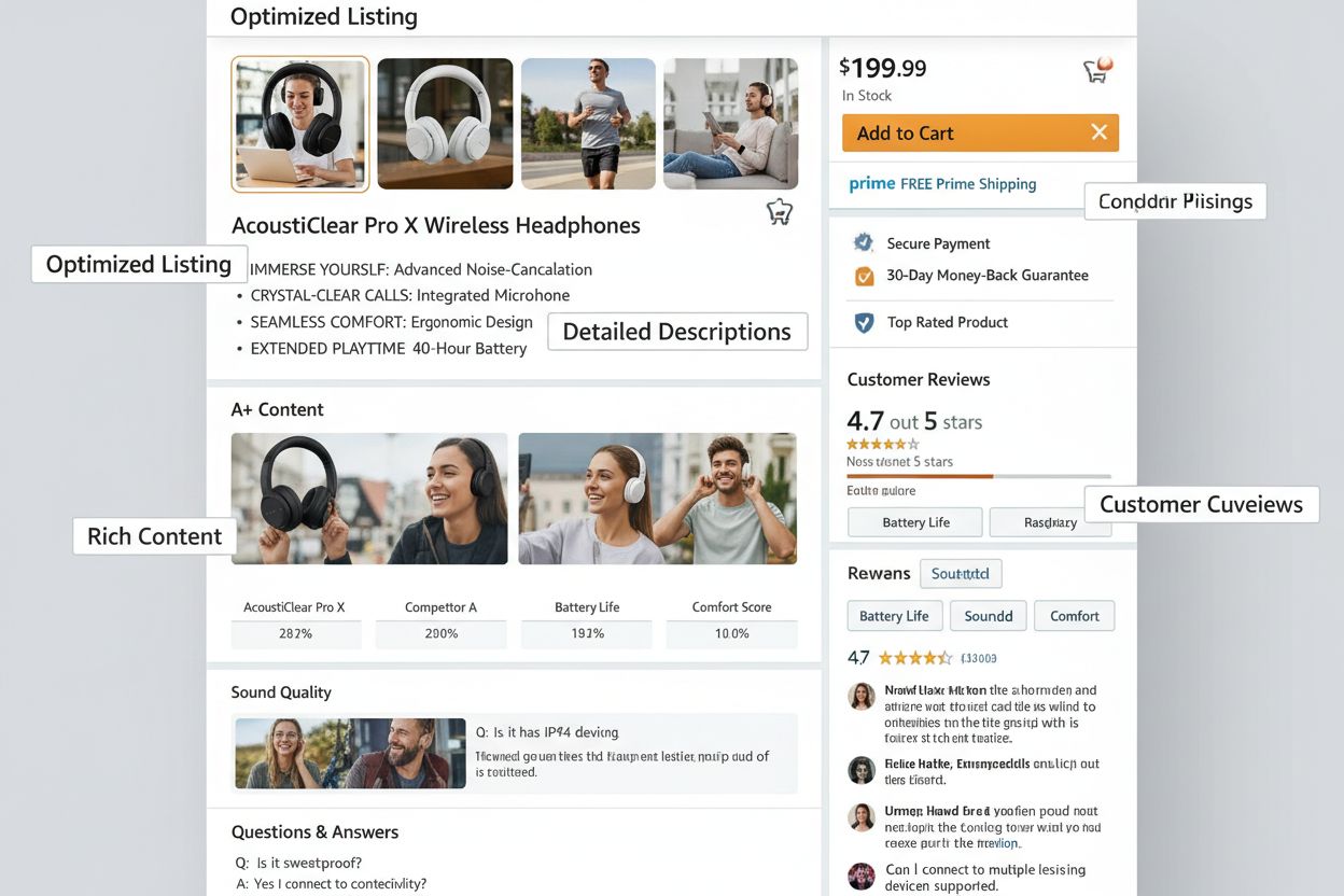 Optimized Amazon product listing showing rich content, detailed descriptions, customer reviews, and high-quality images