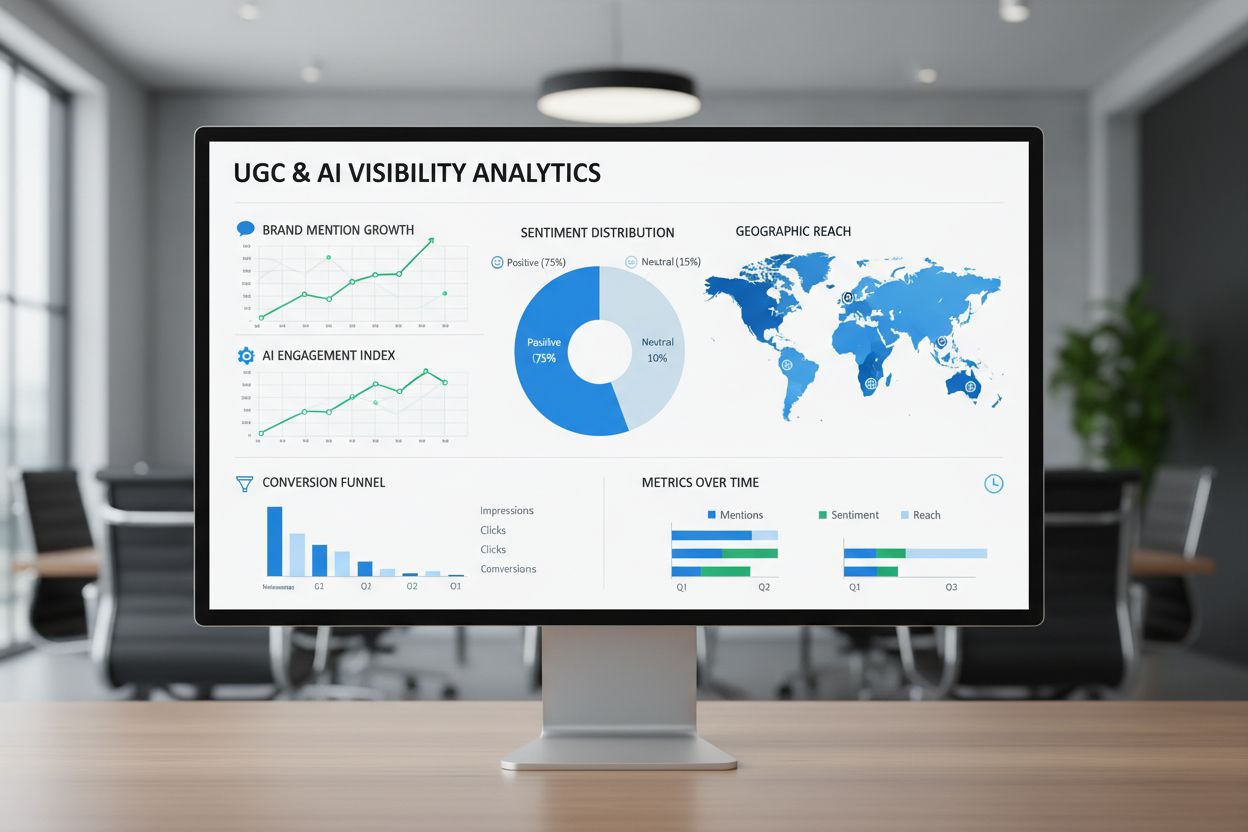 Analytics dashboard showing UGC metrics, brand mentions, sentiment analysis, and AI visibility tracking