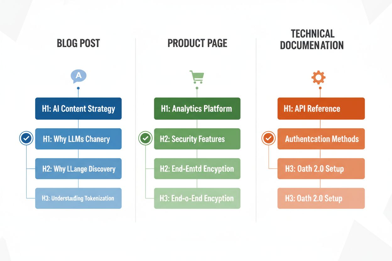 Heading structure examples for blog posts, product pages, and technical documentation showing proper H1-H2-H3 hierarchy
