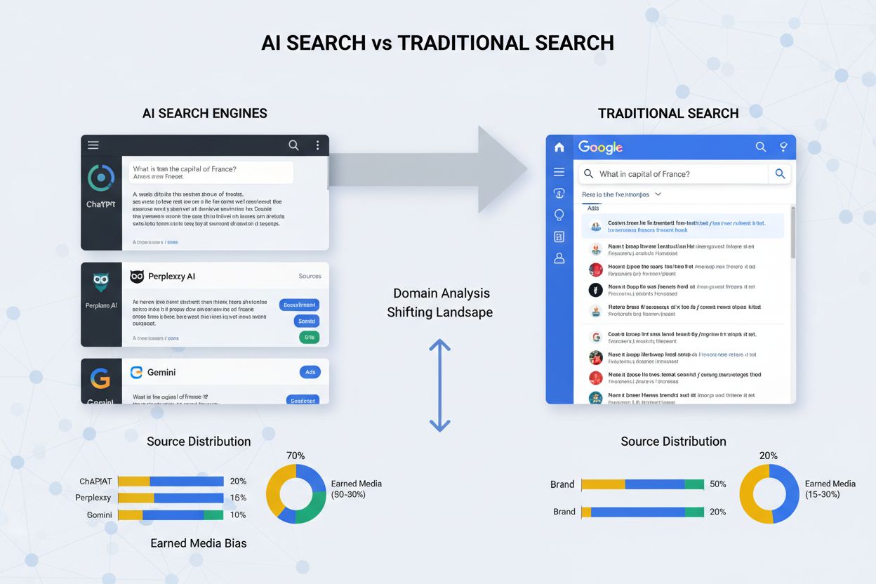 Comparative analysis showing AI search engines vs Google domain distribution and source types