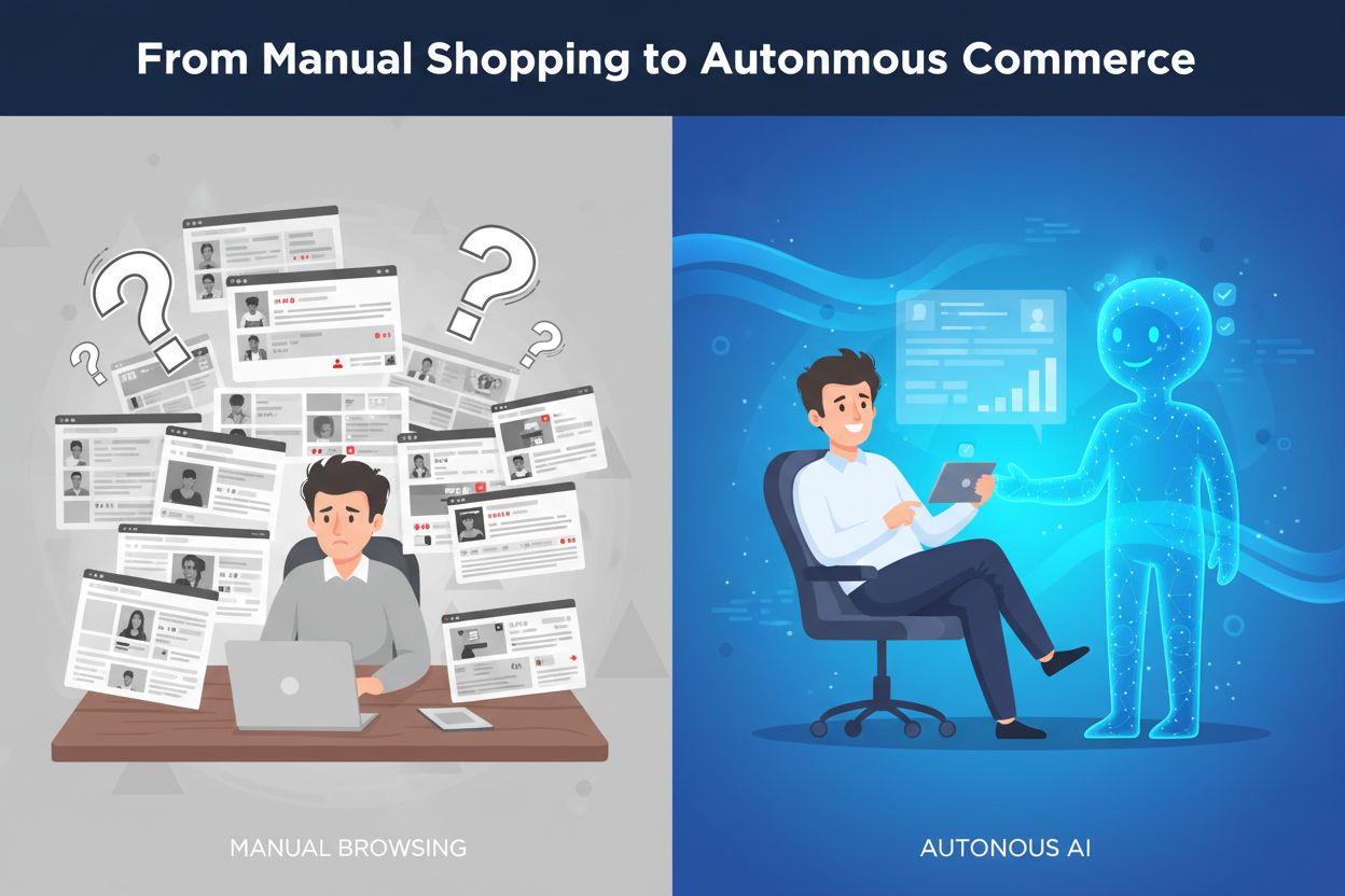 Split-screen showing transformation from manual to autonomous shopping