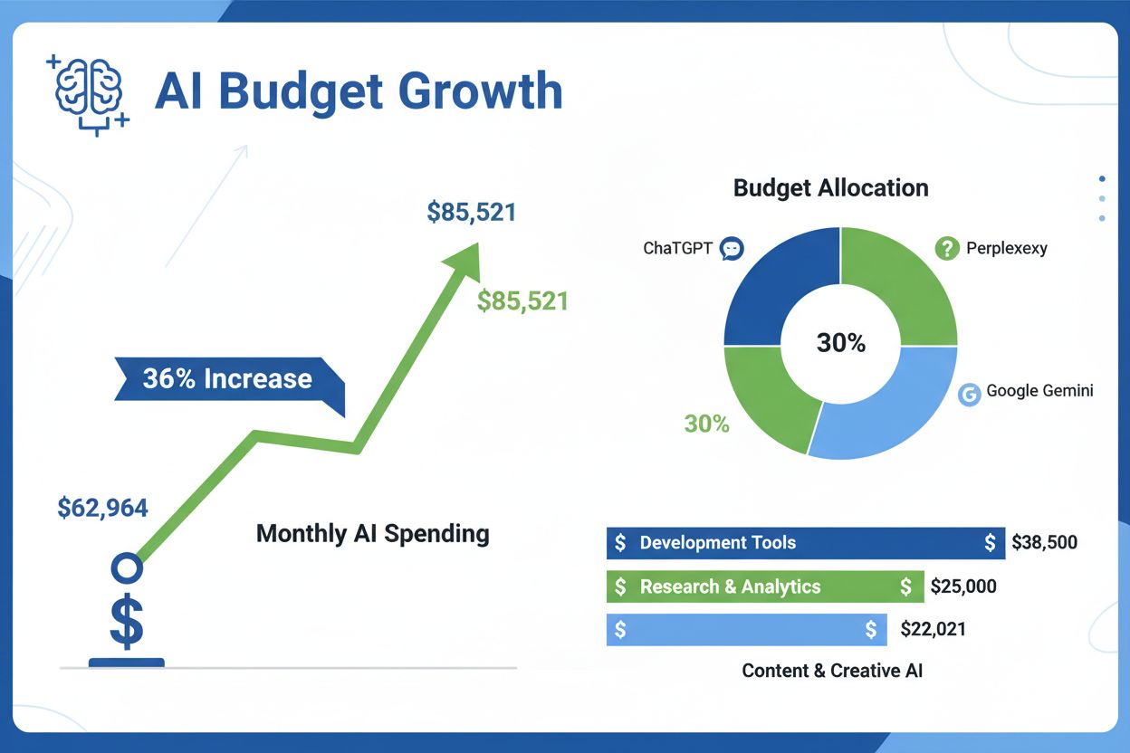 AI budget growth trajectory showing 36% increase in monthly spending