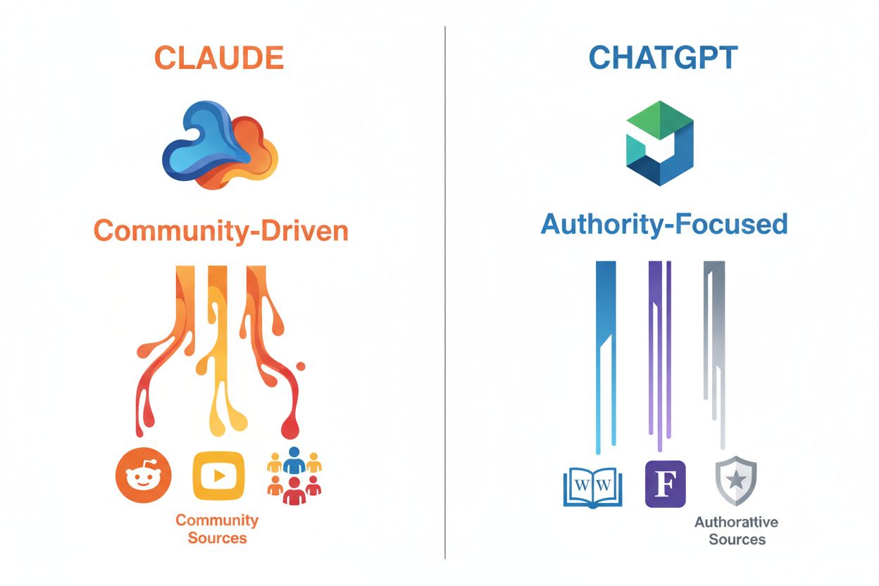 Split-screen comparison of Claude community-driven citations vs ChatGPT authority-focused citations