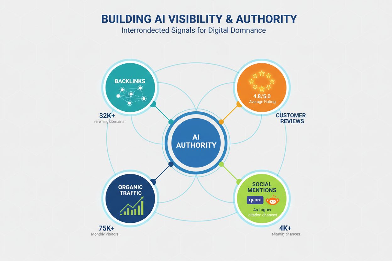 Infographic showing interconnected authority building elements including backlinks, reviews, social mentions, and traffic