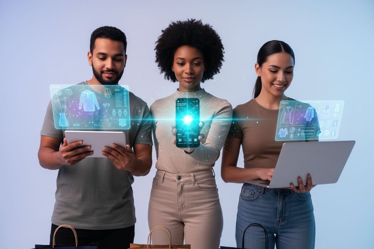 Gen Z young adults shopping online with AI interfaces on smartphones and tablets