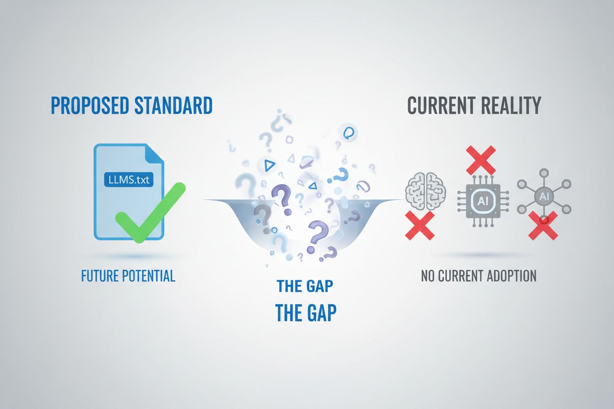 Gap between LLMs.txt proposal and actual AI platform adoption showing uncertainty