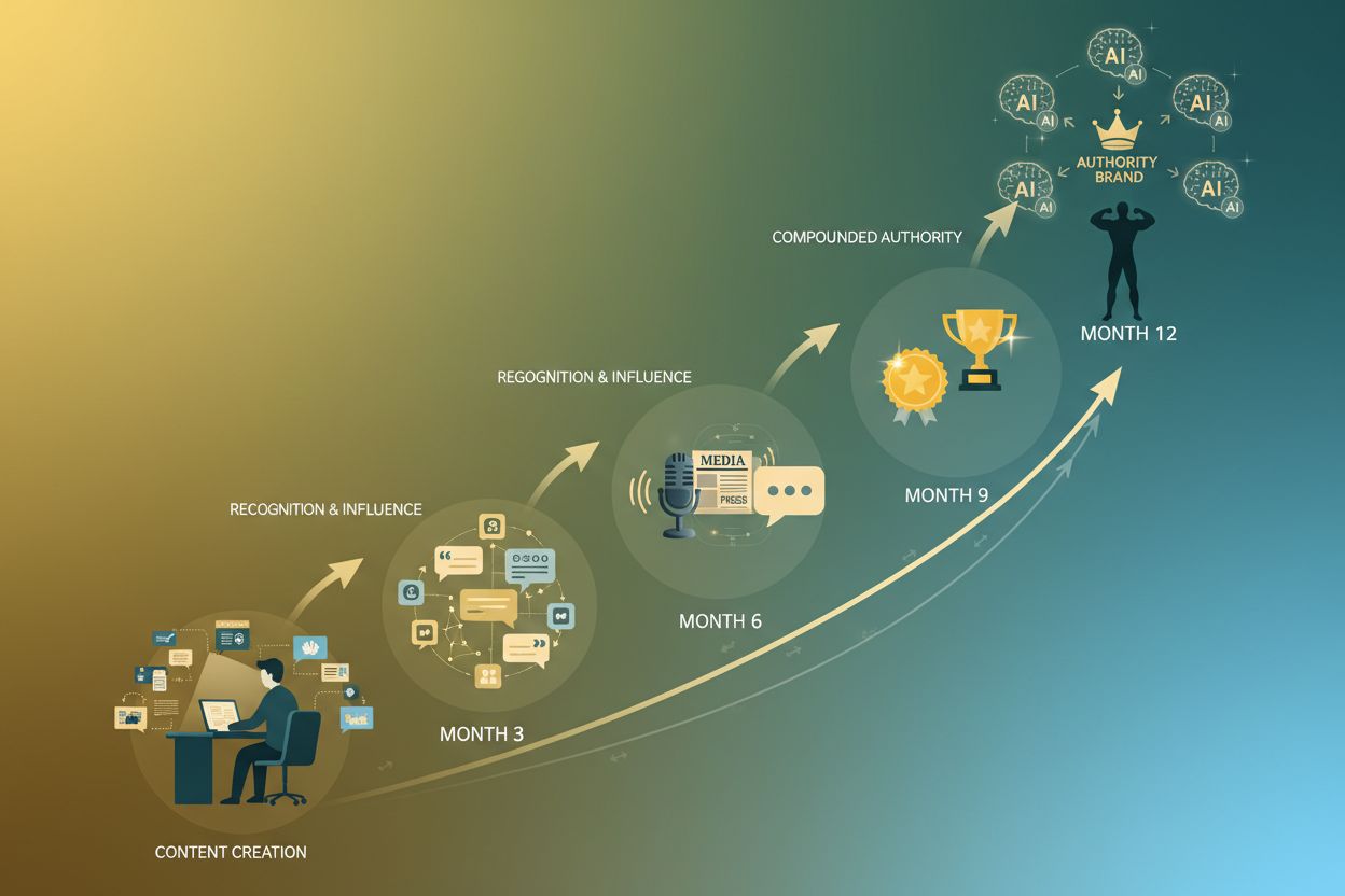 Timeline showing how industry authority compounds over 12 months through consistent content, speaking, and media mentions