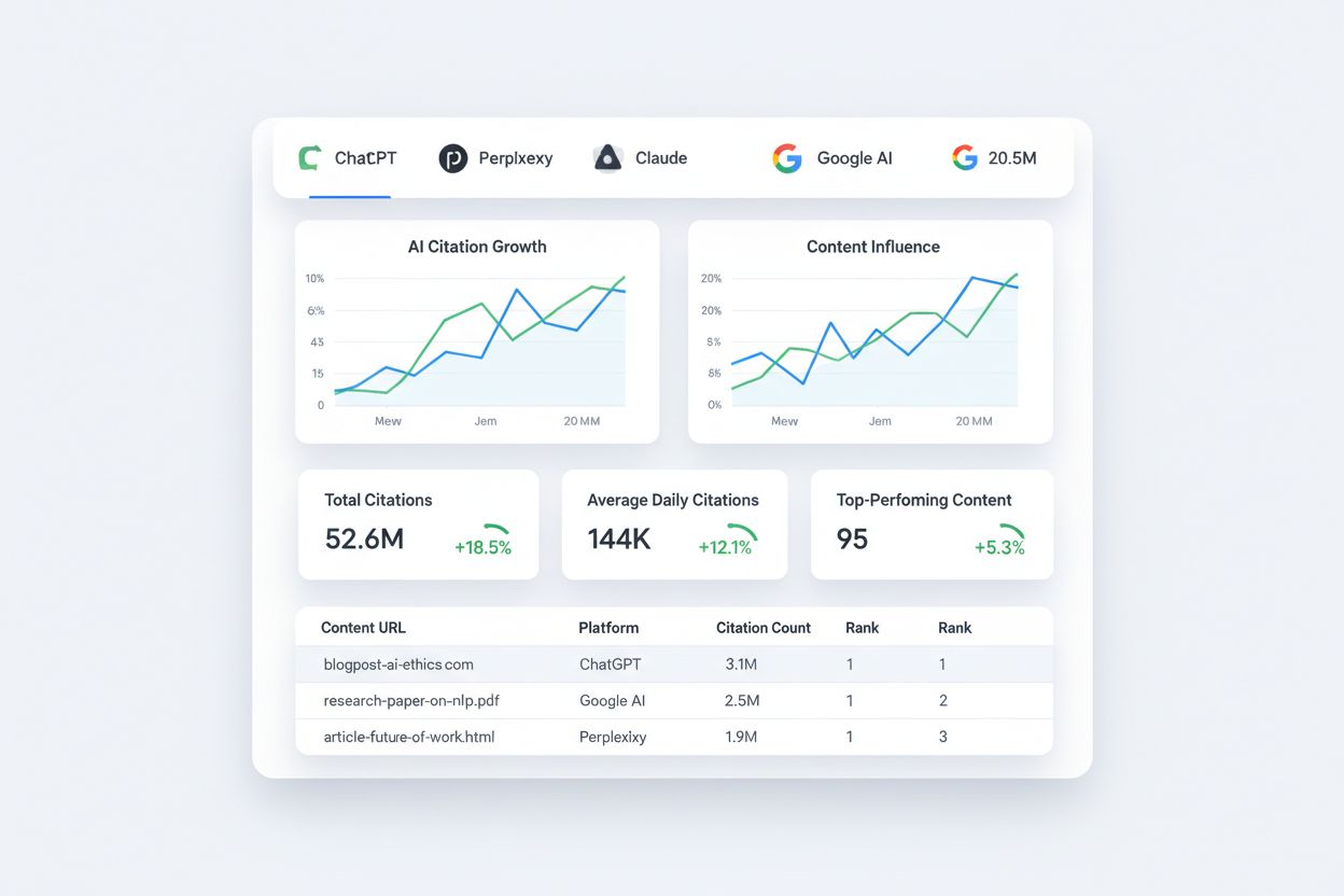 Analytics dashboard showing AI citation tracking and content performance metrics across multiple platforms