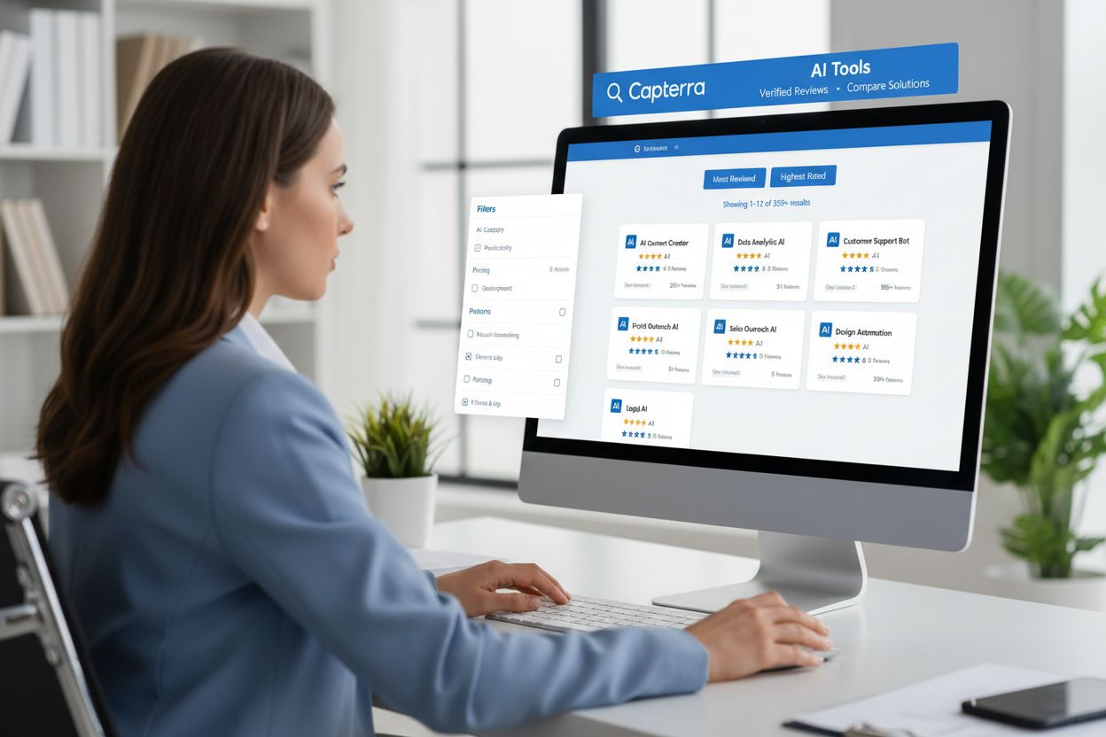 Capterra AI tools discovery platform interface showing product cards with ratings and reviews