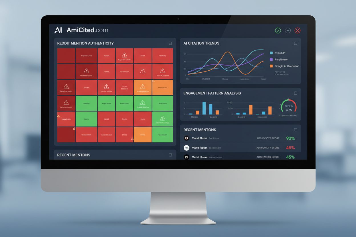 Brand reputation monitoring dashboard showing Reddit mentions, AI citations, and authenticity scores