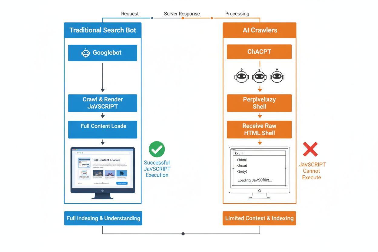 Comparison of traditional search bot JavaScript rendering vs AI crawler HTML-only approach