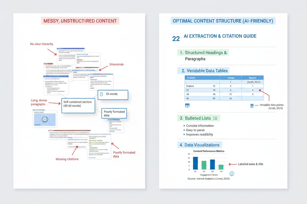 Content structure optimization showing clear headings, optimal paragraph length, and AI-friendly formatting