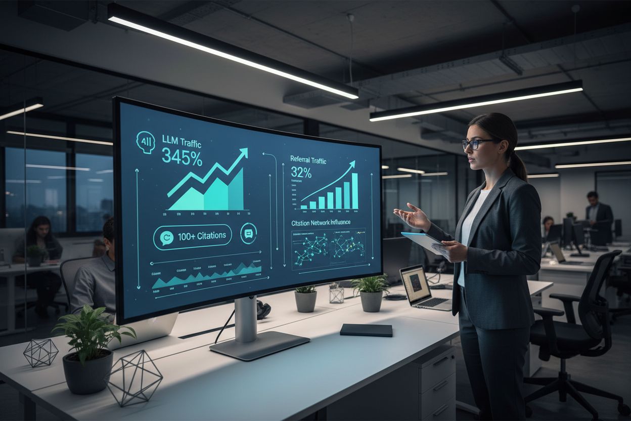 B2B SaaS dashboard showing AI citation metrics and analytics with upward trending graphs