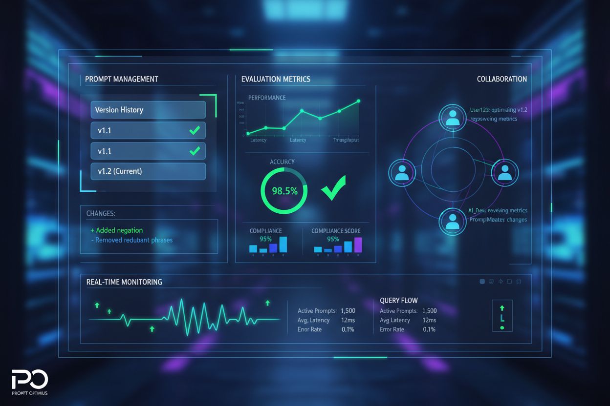 Modern dashboard interface for AI prompt optimization with metrics and collaboration features