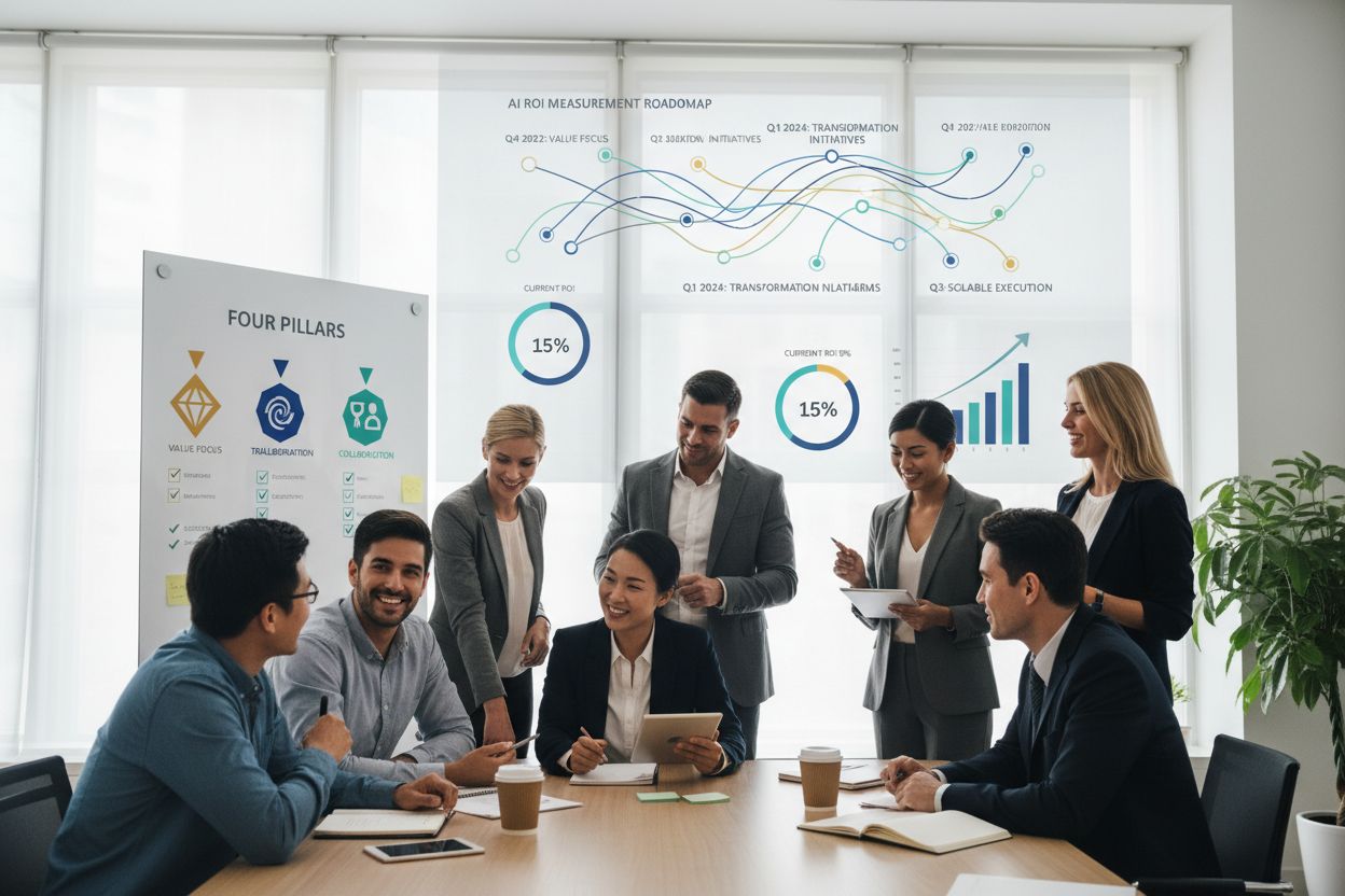 Diverse team collaborating on AI ROI measurement roadmap with strategic milestones and implementation phases