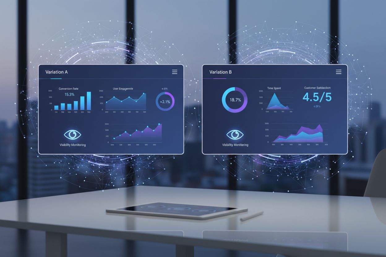 A/B testing visualization with split screen showing variation A and B with metrics dashboard
