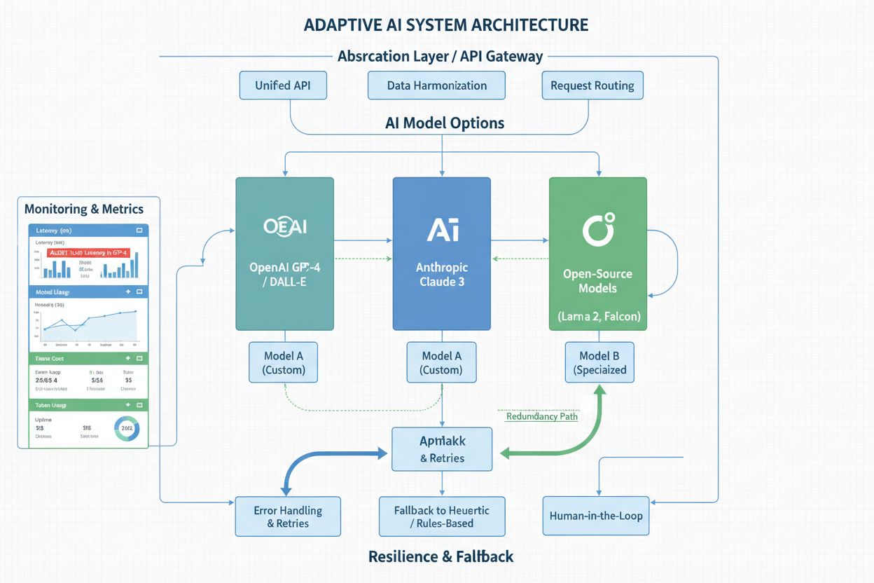 Adaptive AI architecture diagram showing layered design with multiple model options and fallback mechanisms