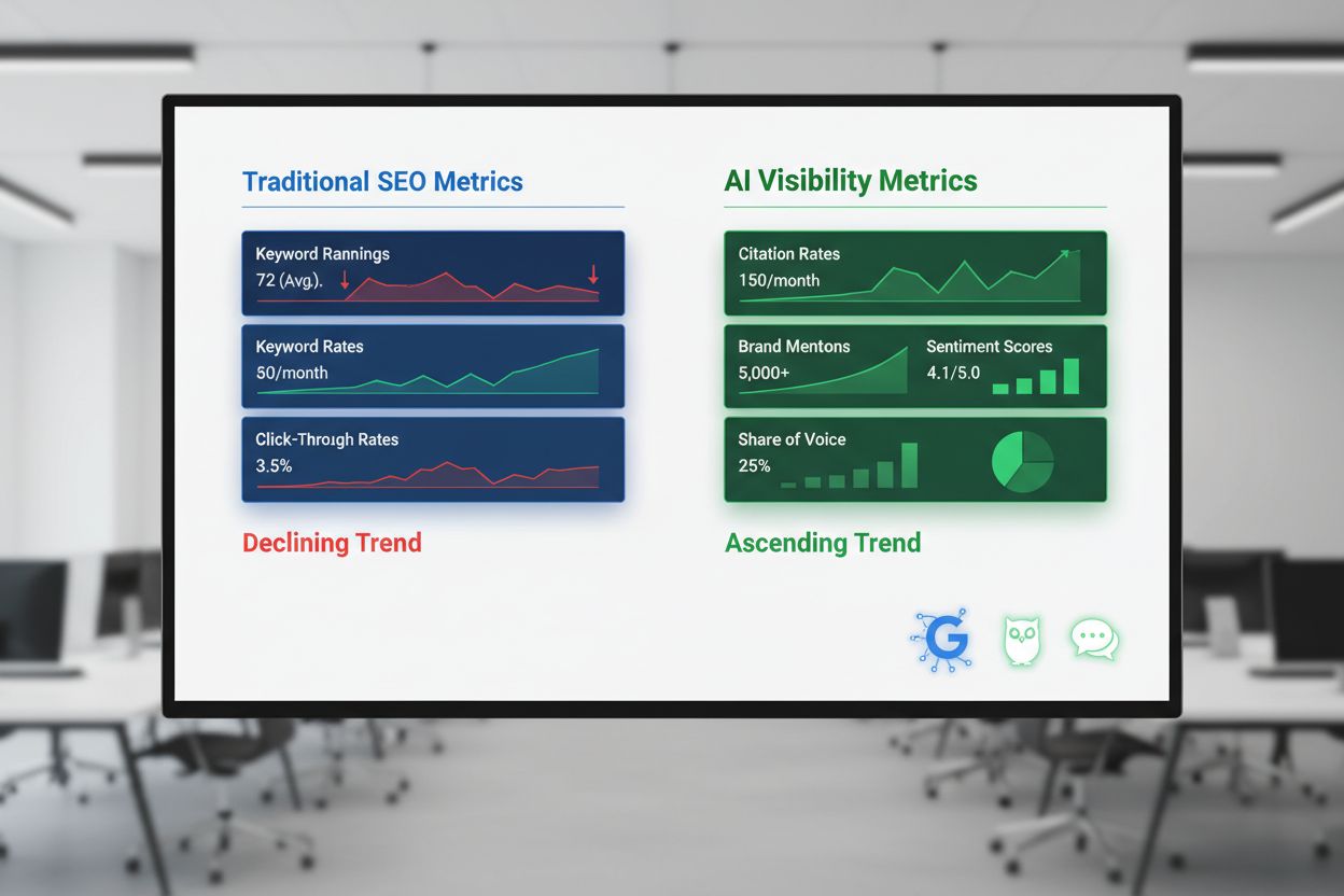 Dashboard comparison showing traditional SEO metrics versus AI visibility metrics