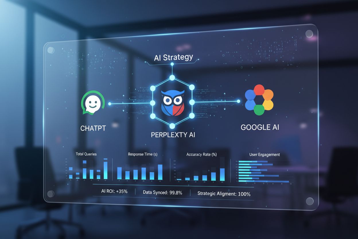 Multi-platform AI visibility dashboard showing ChatGPT, Perplexity, and Google interconnected with data metrics