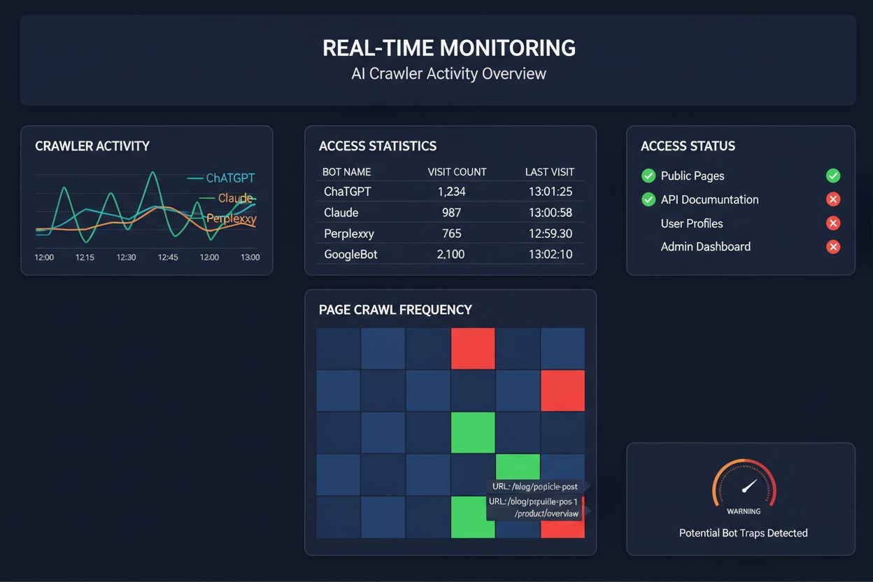 AI crawler monitoring dashboard showing real-time activity and access status