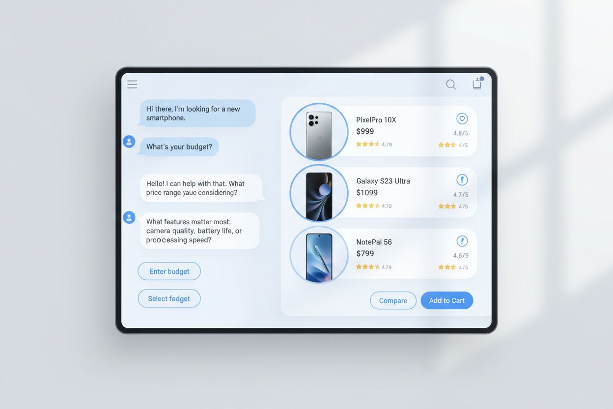 Modern AI shopping interface showing conversational product discovery with ChatGPT