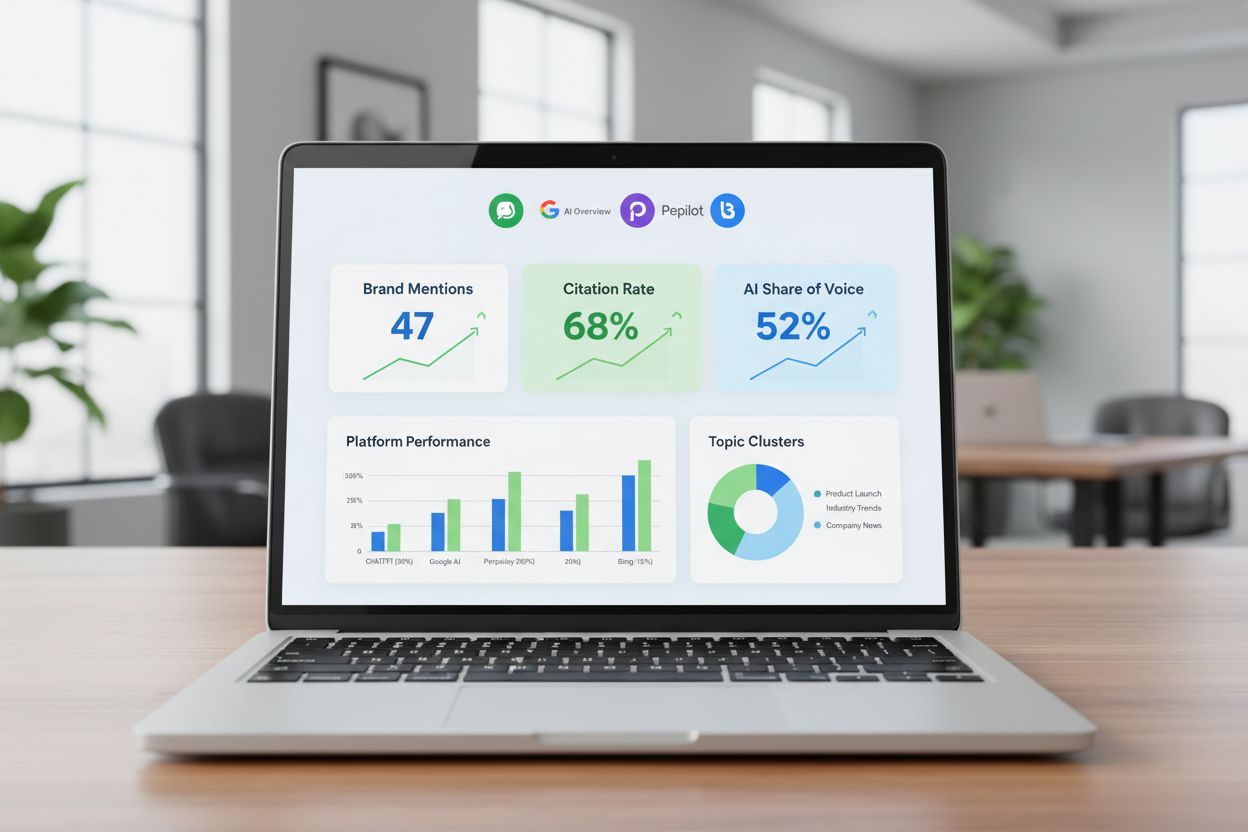 AI visibility monitoring dashboard showing brand mentions across ChatGPT, Google AI Overview, Perplexity, and Bing Copilot