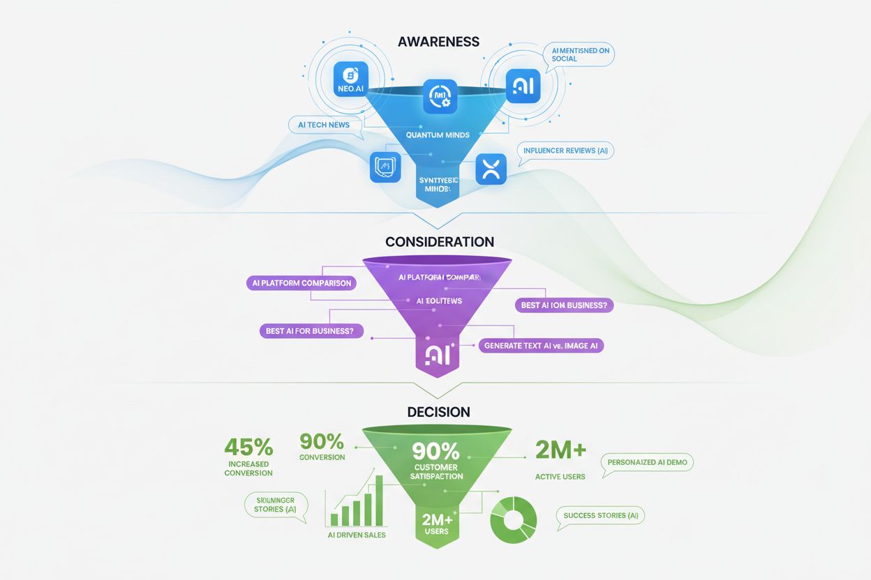 Customer journey funnel showing AI visibility touchpoints at awareness, consideration, and decision stages