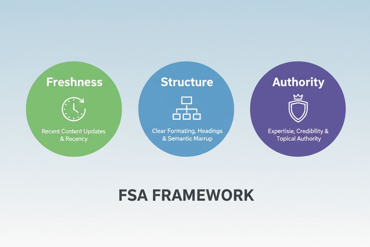 FSA Framework visualization showing Freshness, Structure, and Authority pillars for AI visibility
