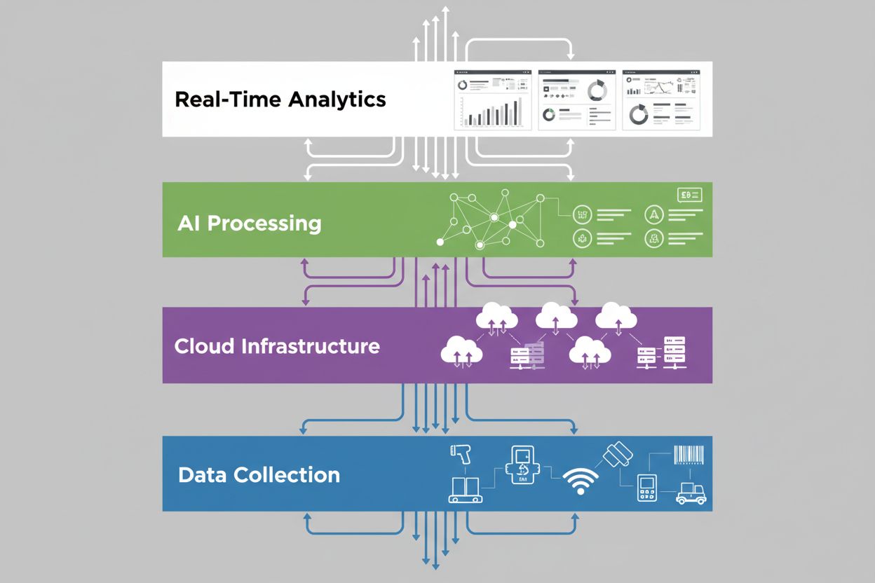 Inventory management system architecture with data collection, cloud processing, and AI analytics layers