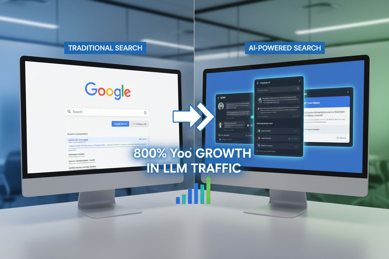 Evolution from traditional Google search to AI-powered search platforms showing 800% YoY growth in LLM traffic