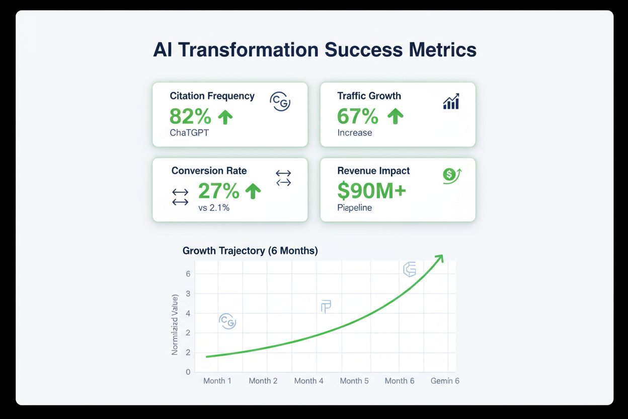 AI transformation ROI dashboard showing citation frequency, traffic growth, conversion rates, and revenue impact metrics