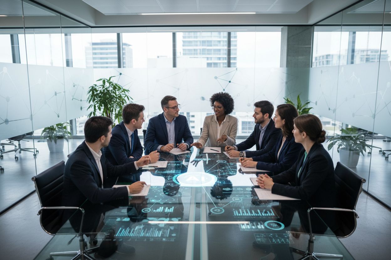 Diverse team collaborating around AI technology interface in modern office