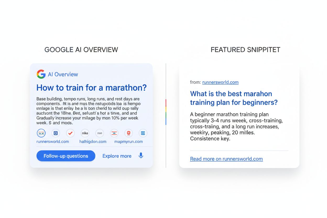 Side-by-side comparison of AI Overview and Featured Snippet on Google search results