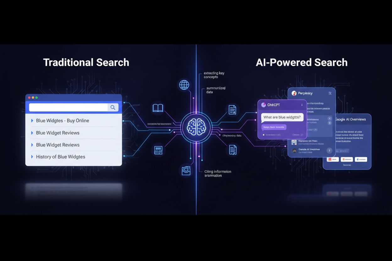Evolution from traditional search to AI-powered search showing ChatGPT, Perplexity, and Google AI Overviews