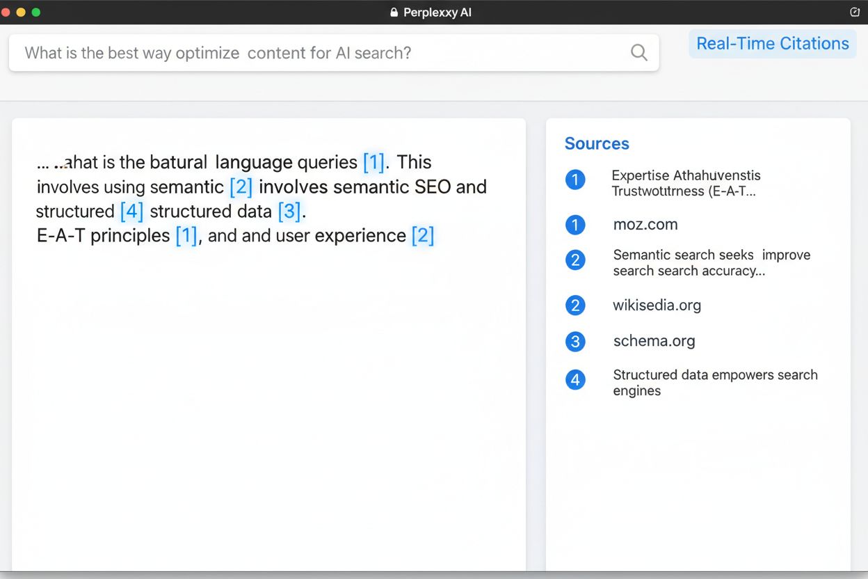 Perplexity AI interface showing real-time citations and answer generation