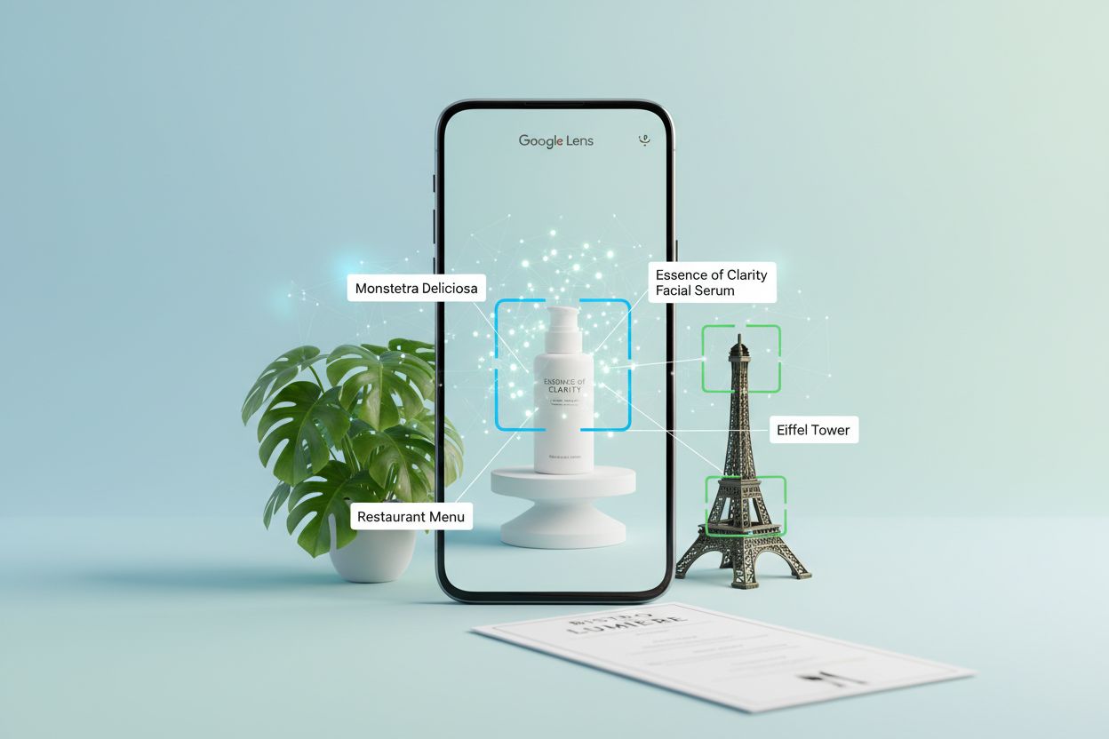 Google Lens interface showing AI recognition of various objects including plants, products, landmarks, and menus with glowing highlights
