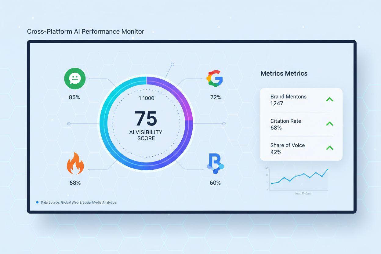 AI Visibility Score Dashboard showing metrics across ChatGPT, Gemini, Claude, and Perplexity