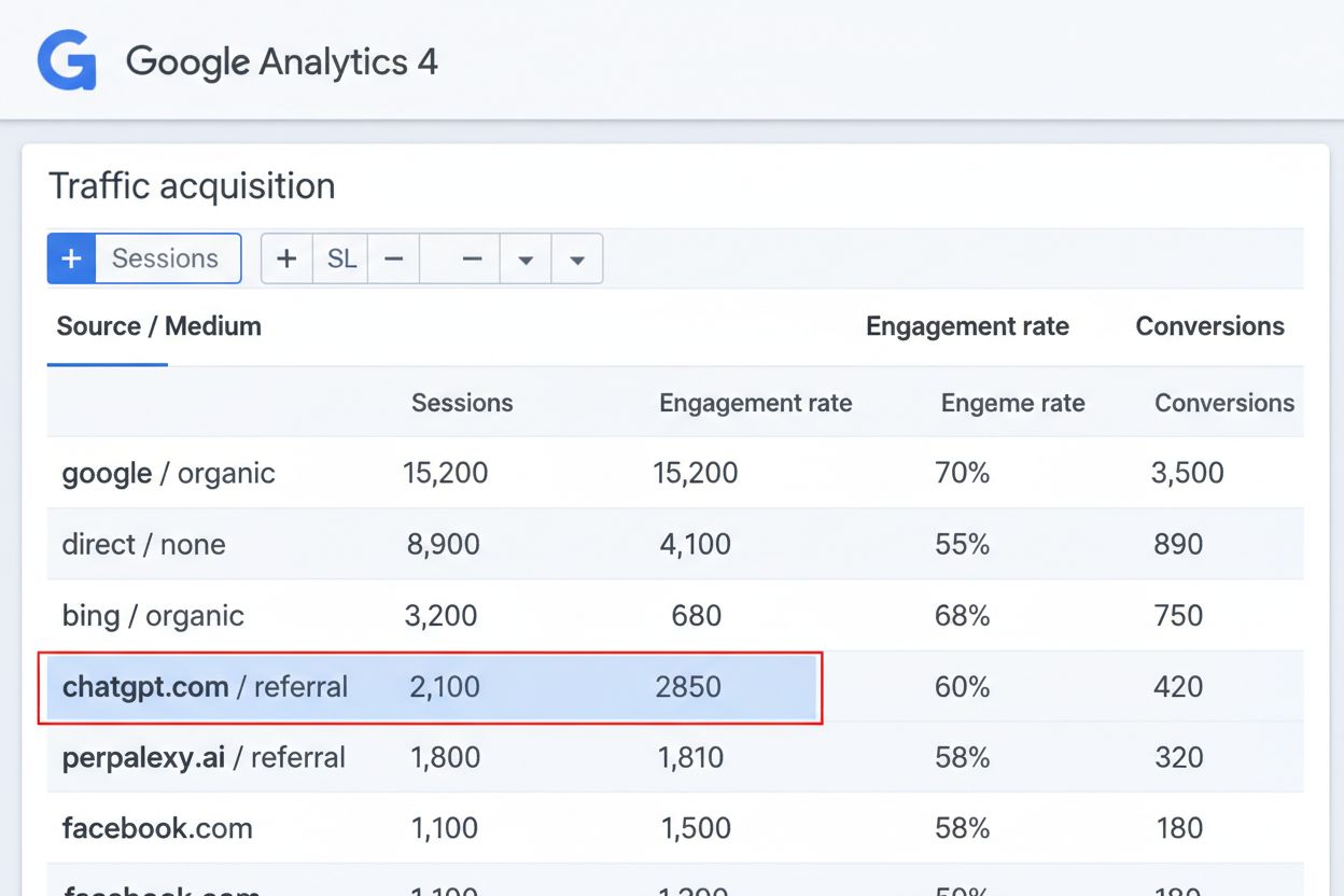 GA4 dashboard showing hidden AI traffic in referral sources