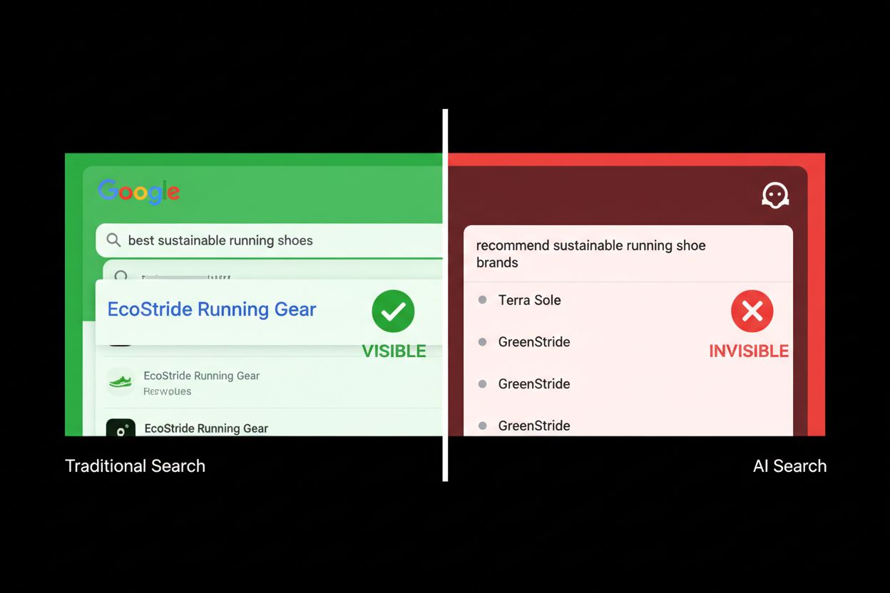 Split-screen comparison showing AI visibility gap between traditional search and AI search