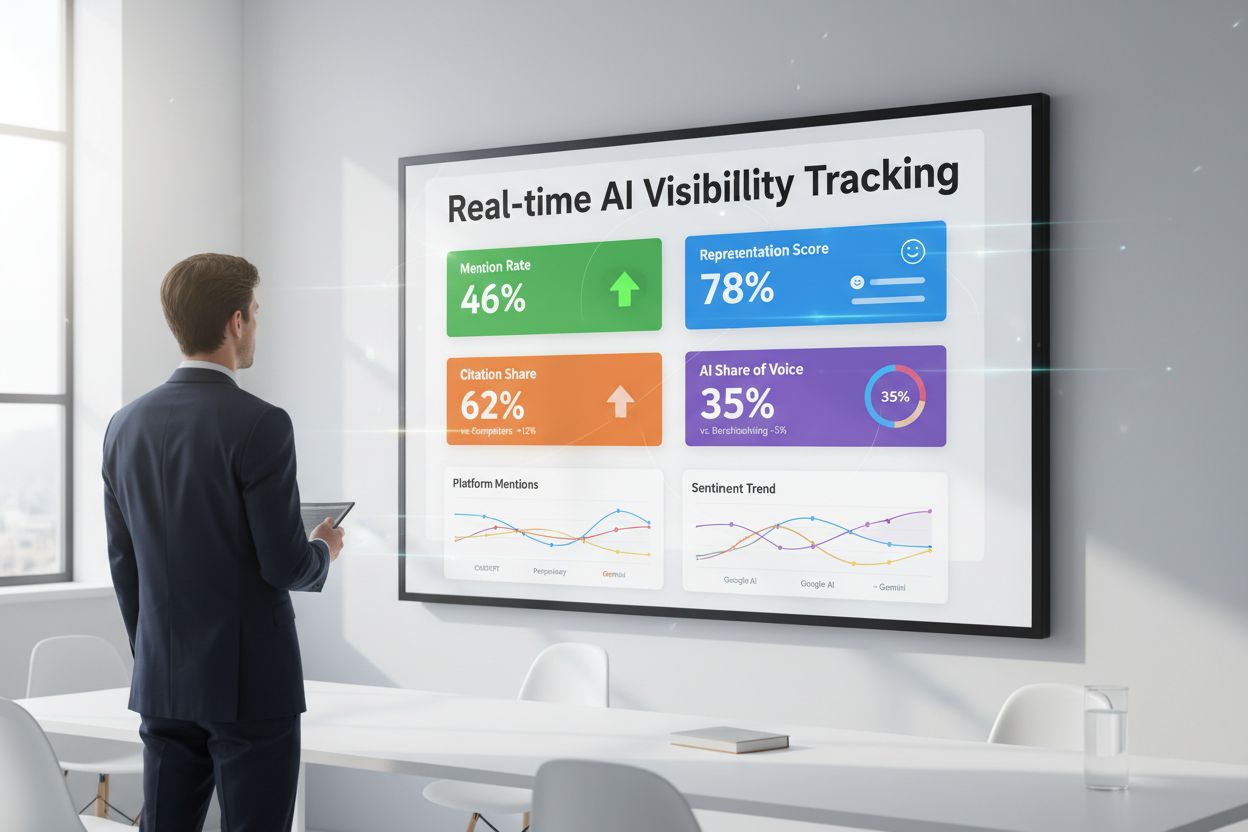 Real-time AI Visibility Tracking dashboard with multiple metric cards and trend charts