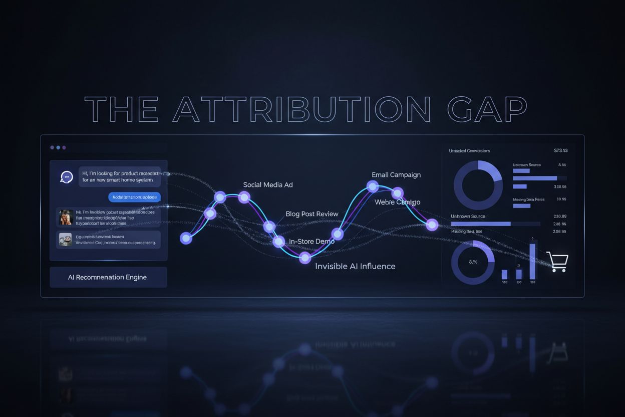 Digital dashboard showing the attribution gap between AI recommendations and trackable conversions
