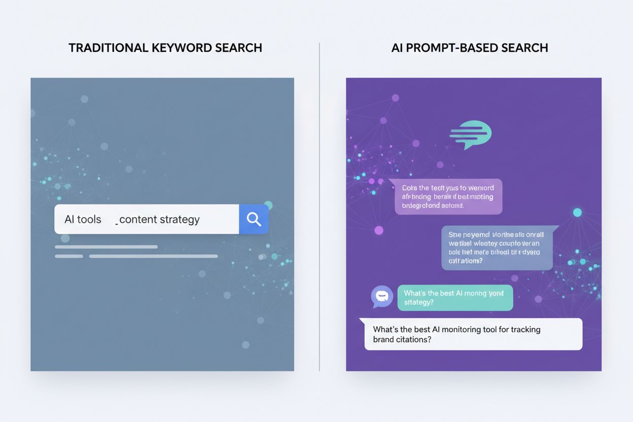 Comparison of traditional keyword search versus AI prompt-based search interfaces