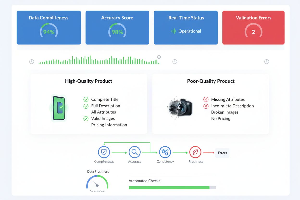 Data quality dashboard showing validation metrics and product data comparison