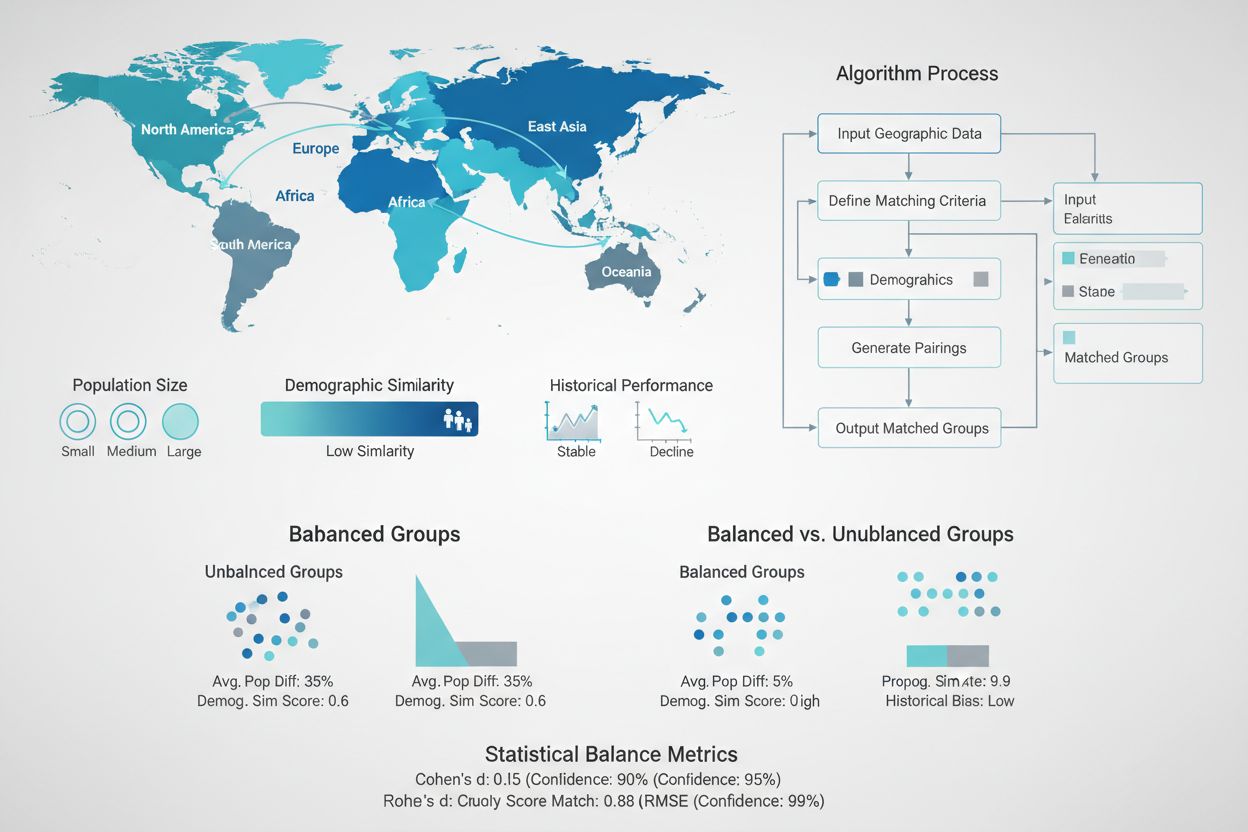 Geographic region matching process showing balanced test and control groups