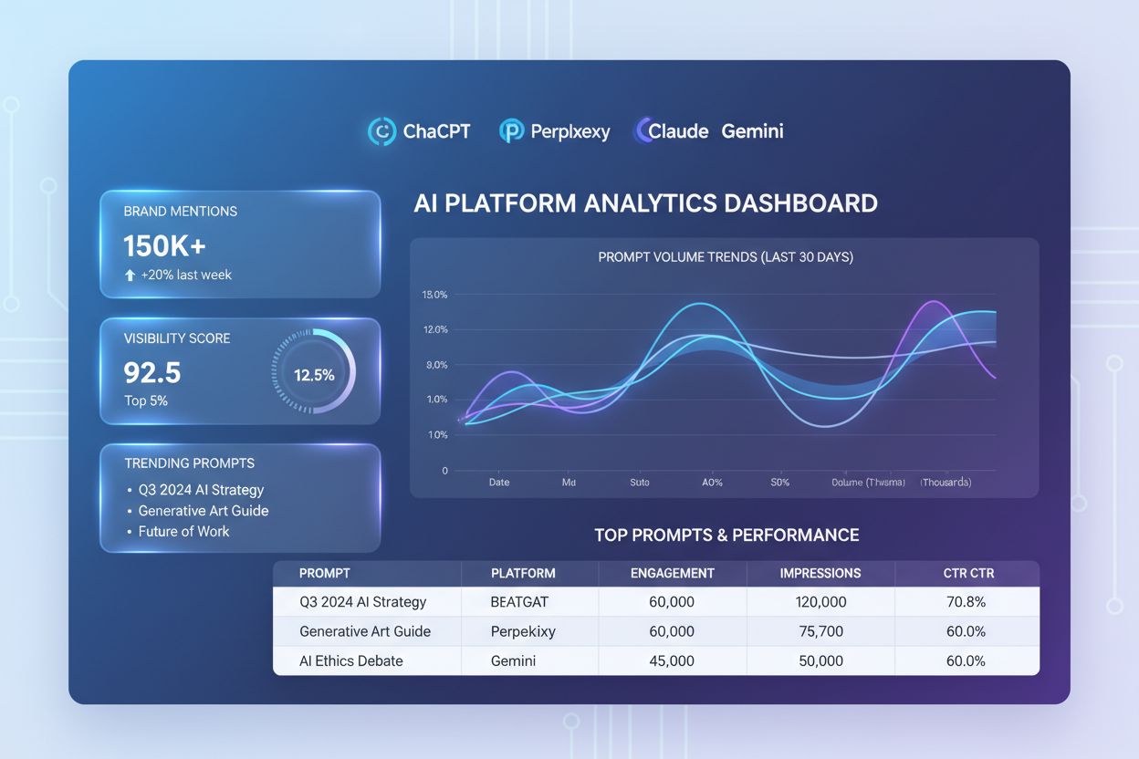 AI prompt monitoring dashboard showing real-time analytics across ChatGPT, Perplexity, Claude, and Gemini platforms