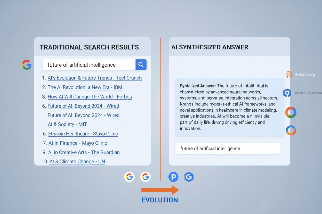Split screen showing traditional Google search results versus ChatGPT AI response with faded brand logos representing invisibility